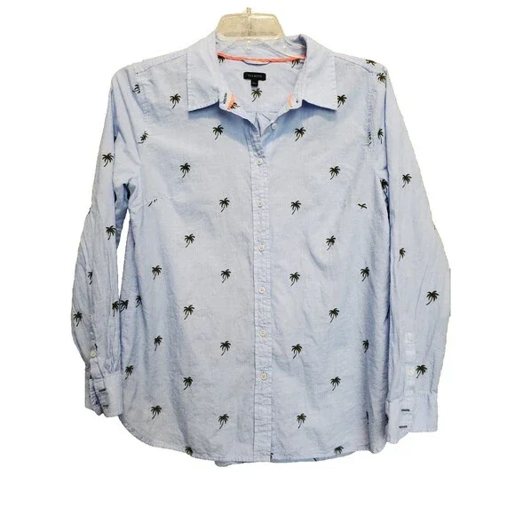 Talbots 100% Cotton Blue Embroidered Palm Trees Long Sleeve Button-Up Shirt Sz L - Picture 1 of 6
